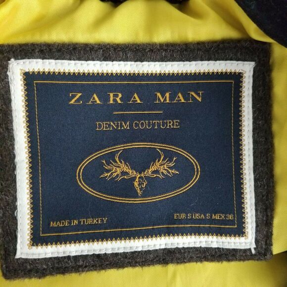 Zara Man Brown Gray Wool Hooded Utility Bomber Jacket Size Small Denim Couture - Picture 2 of 3